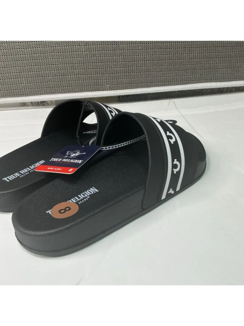True Religion Men's Size 8 Style TR-Snoop -S Black & White Logo Slide Sandals